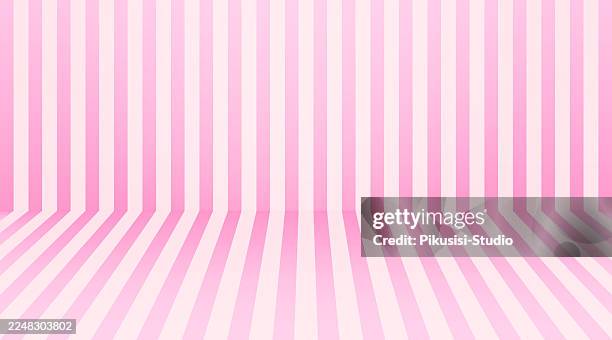 stripe studio background in retro style with copy space for object or text. pastel pink striped 3d room background - candy display stock illustrations
