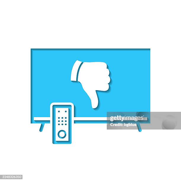 tv with thumbs down. icon cut out on white paper with blue background - tv error stock illustrations