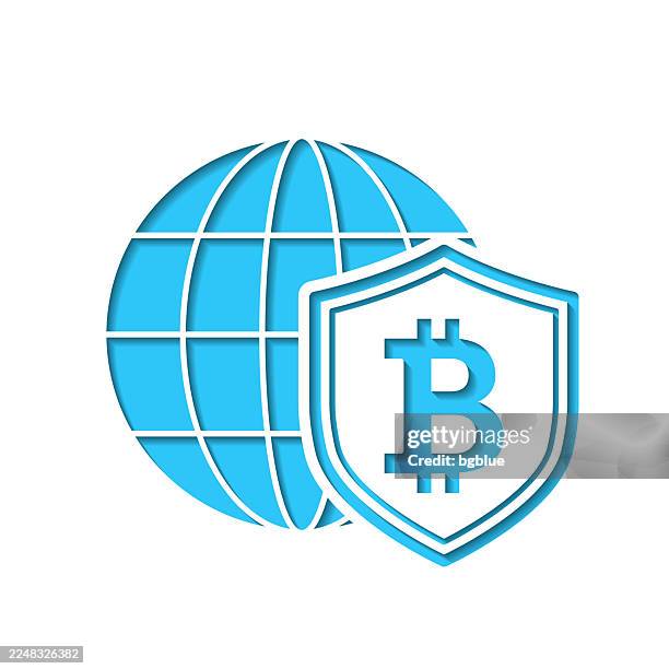 bitcoin shield with globe. icon cut out on white paper with blue background - blockchain globe stock illustrations