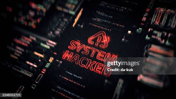 system hacked: red code on dark server screen highlighting cybersecurity breach - code red stock pictures, royalty-free photos & images