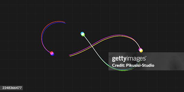 dynamic 3-body curve simulation with neon motion trails, colorful orbital motion paths on dark grid background - floating particles stock illustrations