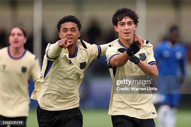 Adrian Guerrero of FC Barcelona celebrates scoring his team's first goal with teammate Shane Kluivert during the UEFA Youth League 2025/26 match...