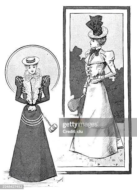 two elegant ladies with sporting accessories — a refined contrast between croquet grace and tennis confidence - croquet stock illustrations