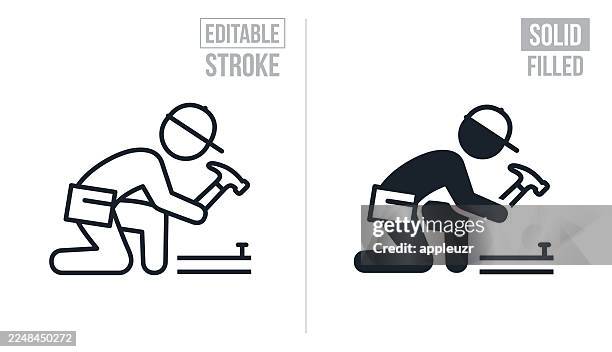 builder hammering nails into a board - editable stroke and solid icons - tradesman stock illustrations