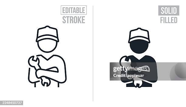 ilustrações de stock, clip art, desenhos animados e ícones de mechanic with arms folded holding a wrench - editable stroke and solid icons - engenheiro de manutenção