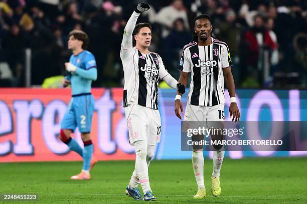 Juventus Turkish forward Kenan Yildiz celebrates after scoring his team first goal during the Italian Serie A football match between Juventus and...