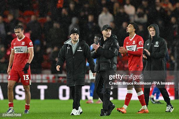 Middlesbrough manager Kim Hellberg applauds supporters with Middlesbrough players after the Sky Bet Championship match at the Riverside Stadium,...
