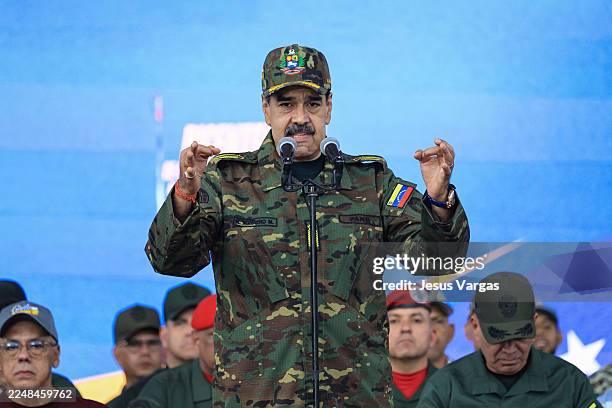 President of Venezuela Nicolás Maduro speaks during a military ceremony commemorating the 200th anniversary of the presentation of the 'Sword of...