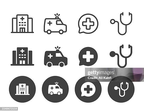 ilustraciones, imágenes clip art, dibujos animados e iconos de stock de colección de iconos hospitalarios. trazo editable. iconos de la serie de estilo sólido de línea y glifo - ambulancia
