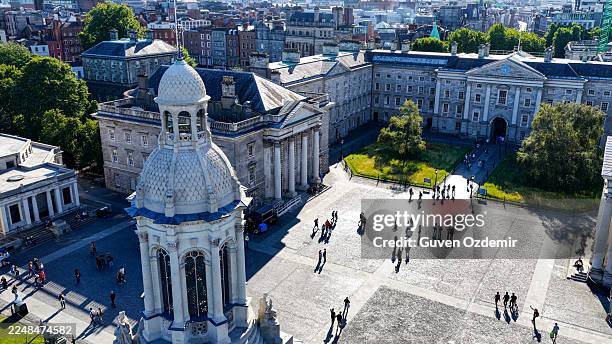aerial view of trinity college dublin with historic georgian buildings and central campanile tower, famous university campus and cultural landmark in the heart of ireland’s capital, education and heritage concept for travel and editorial use - trinity college dublin stock pictures, royalty-free photos & images