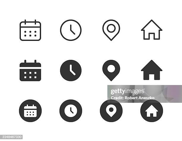datum, uhrzeit, ort, startzeile und solide ui-symbole. editierbarer strich. kalender, uhr, navigation, heimsymbole. - datum stock-grafiken, -clipart, -cartoons und -symbole