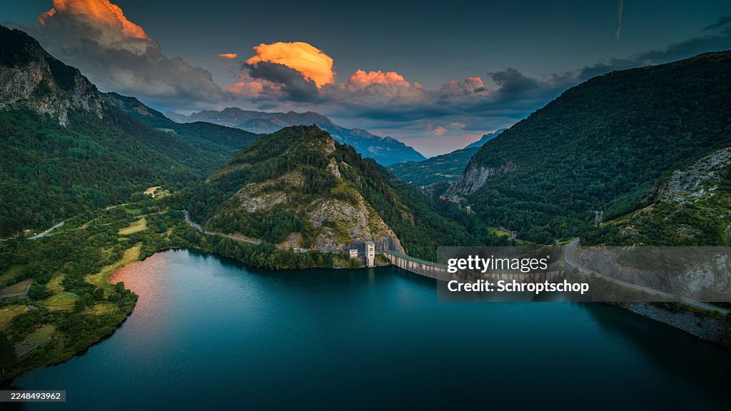 Pyrenees Mountains in Spain - Golden Clouds Over Embalse de Lanuza, Huesca