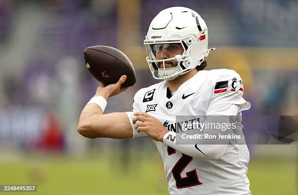Brendan Sorsby of the Cincinnati Bearcats passes before the game against the TCU Horned Frogs at Amon G. Carter Stadium on November 29, 2025 in Fort...