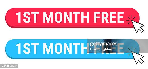 1st month free - red and blue buttons with cursor on white background - restart button stock illustrations