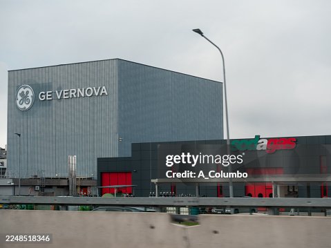 GE Vernova and Sodagas buildings along Autostrada A4 in northern Italy showing industrial architecture GE Vernova and Sodagas buildings along Autostrada A4 in northern Italy showing industrial architecture