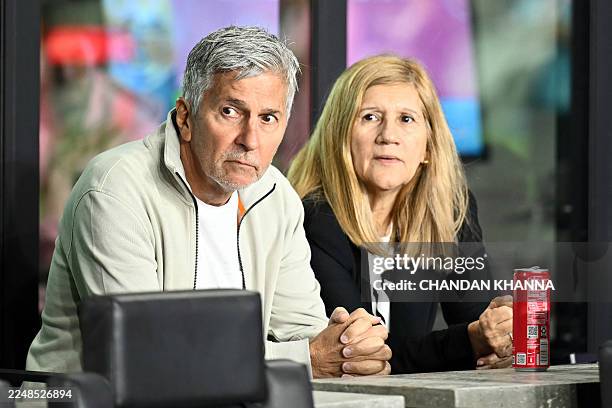 Jorge Messi and Celia Cuccittini, parents of Inter Miami's Argentine forward Lionel Messi, wait for the start of the Major League Soccer Eastern...