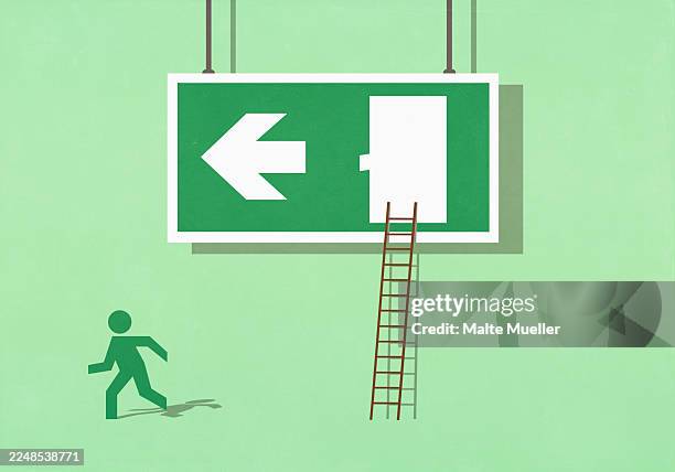 green figure escaping from exit sign, running away on green background - fire escape stock illustrations