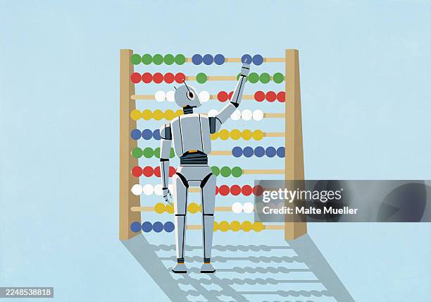 humanoid robot adjusting beads on large abacus against blue background - adjusting stock illustrations