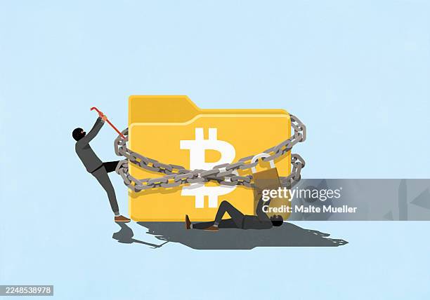 thieves trying to break into padlocked digital bitcoin file against blue background - cryptocurrency stock illustrations