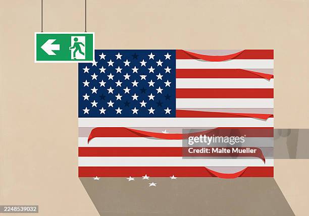 emergency exit sign hanging over damaged american flag with falling stars and peeling stripes - fire escape stock illustrations