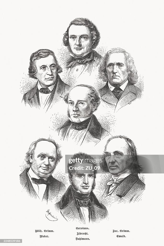 The Göttingen Seven, wood engravings, published in 1883