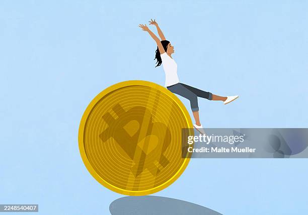 stockillustraties, clipart, cartoons en iconen met exhilarated woman riding on top of large gold bitcoin against blue background - welvaart