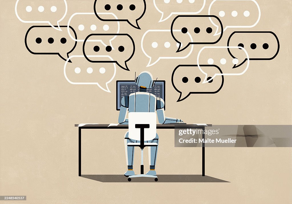 Dot dot dot symbols inside speech bubbles above humanoid chatbot robot working at computer