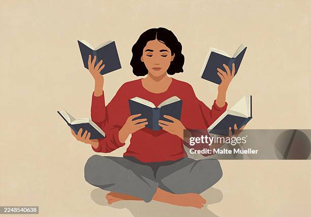 woman with multiple arms reading five books at the same time - avid reader - multitasking stock-grafiken, -clipart, -cartoons und -symbole