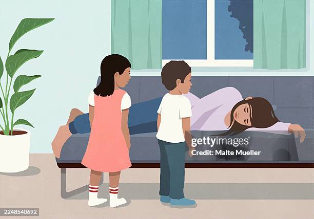 kids looking at tired babysitter sleeping on living room sofa at home - woman sleeping on couch stock illustrations