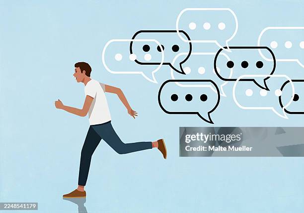 dot dot dot symbols inside speech bubbles chasing running man on blue background - running man side view background stock illustrations
