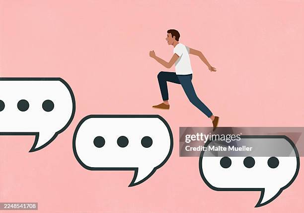 man running up text message speech bubbles on pink background - running man side view background stock illustrations