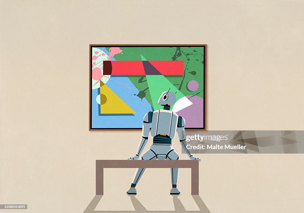 Humanoid robot analyzing art hanging on museum wall