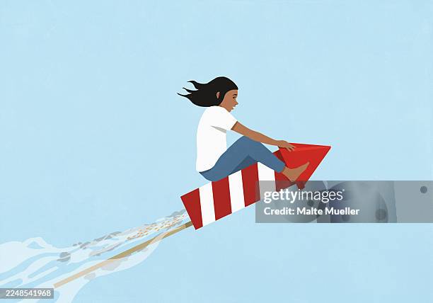 girl riding flying rocket ascending on blue background - taking off activity stock illustrations