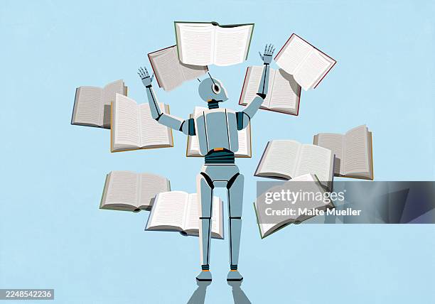 llm ai bot reading multiple books at once against blue background - multitasking stock-grafiken, -clipart, -cartoons und -symbole