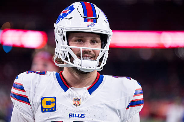 Josh Allen of the Buffalo Bills reacts prior to an NFL football game against the Houston Texans at NRG Stadium on November 20, 2025 in Houston, Texas.