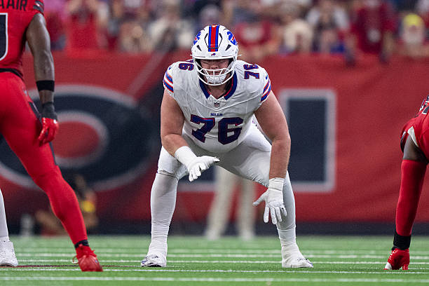 David Edwards of the Buffalo Bills lines up during an NFL football game against the Houston Texans at NRG Stadium on November 20, 2025 in Houston,...