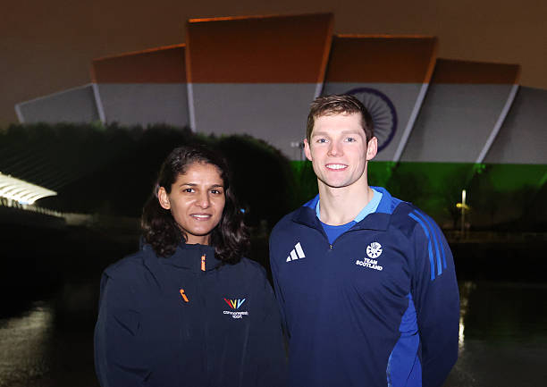 Team India boxer Jaismine Lamboria and Team Scotland Swimmer Duncan Scott pose in front of The SEC Armadillo as Amdavad is named as host city for the...
