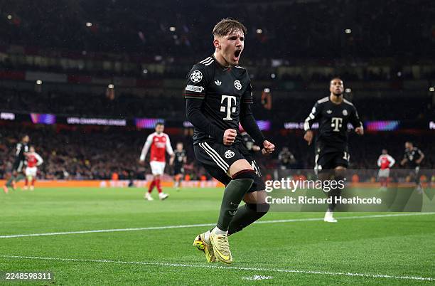 Lennart Karl of Bayern Munich celebrates scoring his team's first goal during the UEFA Champions League 2025/26 League Phase MD5 match between...