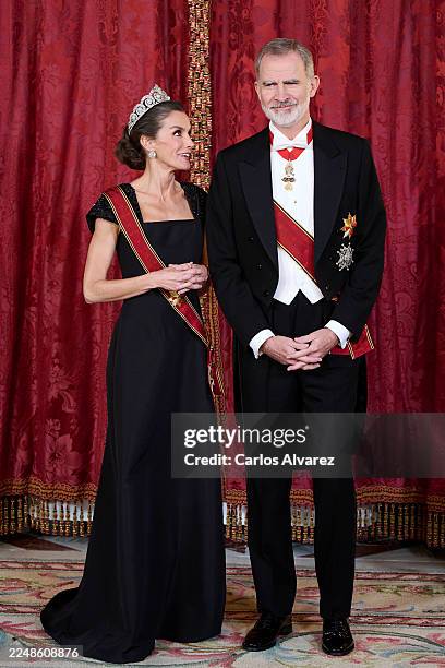 Queen Letizia of Spain and King Felipe VI of Spain attend a dinner gala at the Royal Palace on November 26, 2025 in Madrid, Spain.