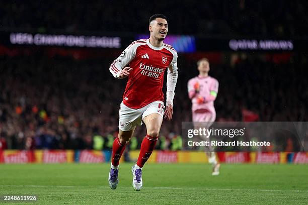 Gabriel Martinelli of Arsenal celebrates scoring his team's third goal during the UEFA Champions League 2025/26 League Phase MD5 match between...