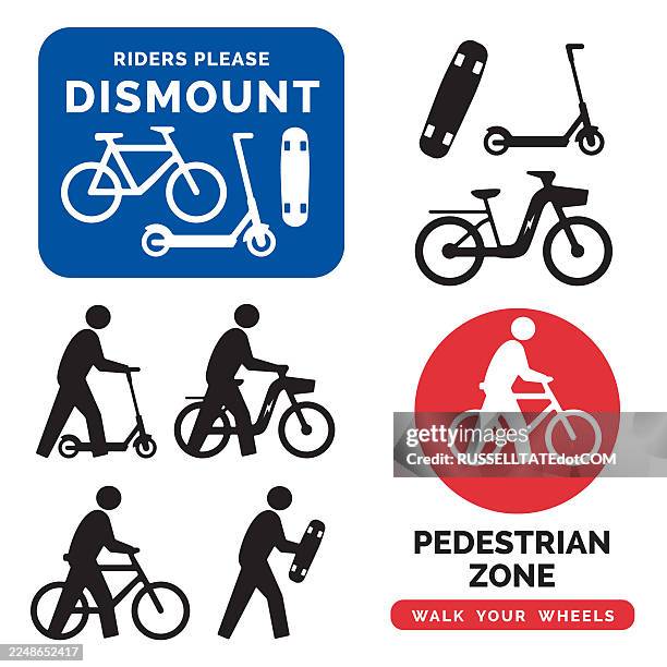 riders please dismount and walk your wheels safety signage set for pedestrian zones - riding motorbike stock illustrations