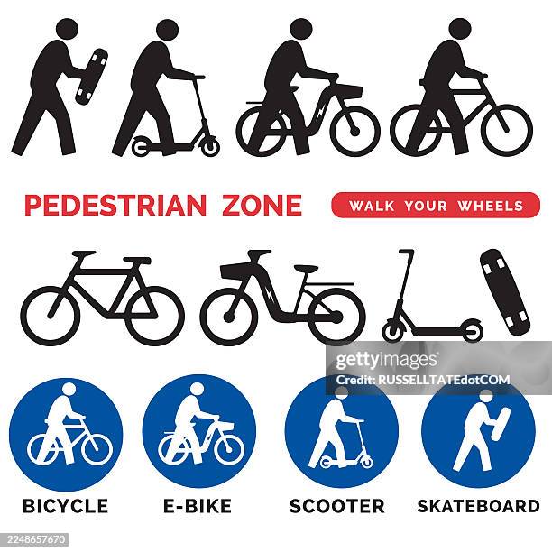 illustrations, cliparts, dessins animés et icônes de panneaux de zone de sécurité pour piétons pour les zones où les cyclistes et les utilisateurs de mobilité individuelle doivent descendre de cheval et marcher sur leurs roues - zone piétonnière