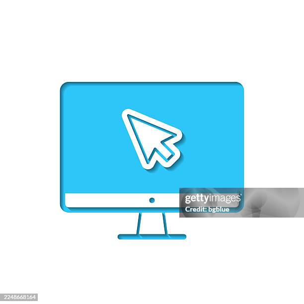 desktop computer with pointer. icon cut out on white paper with blue background - mouse pointer stock illustrations