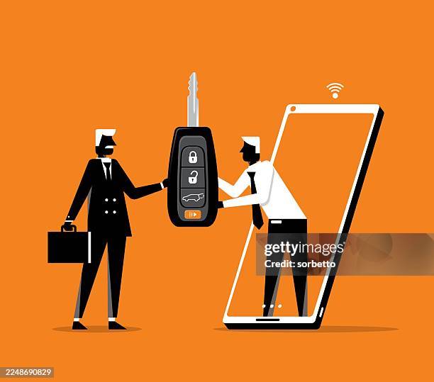 dealer giving keys chain to a buyer - smartphone - car key chain stock illustrations
