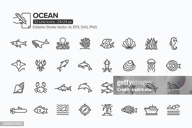 ilustraciones, imágenes clip art, dibujos animados e iconos de stock de conjunto de iconos de la línea oceánica · 32 iconos - invertebrado