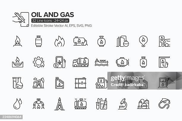 oil and gas line icon set · 32 icons - oil pipeline truck stock illustrations