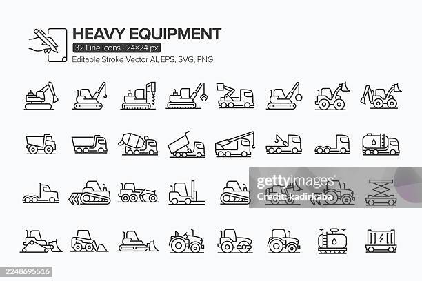 heavy equipment line icon set · 32 icons - truck drawing stock illustrations