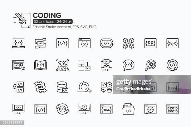 coding line icon set · 32 icons - coding stock illustrations