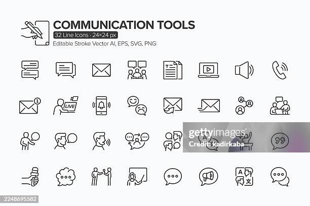 communication tools line icon set · 32 icons - speech therapy stock illustrations