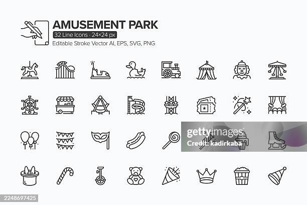 amusement park line icon set · 32 icons - big wheel stock illustrations